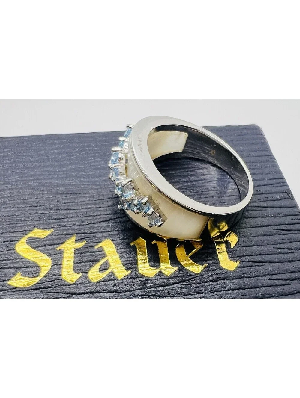 Stauer Pearl Topaz Ring swiss blue silver 925 Sz 7 luxury statement irridescent